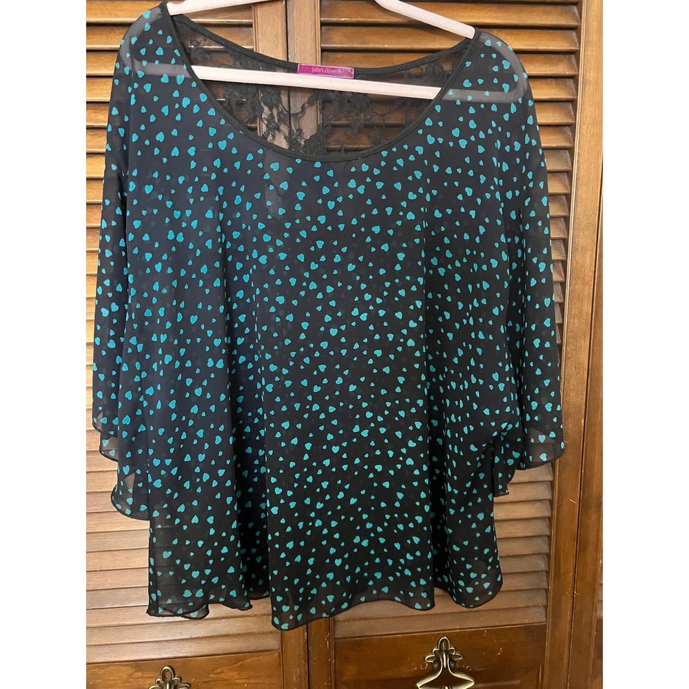 JULIES CLOSET Sheer Black with Blue Hearts Blouse (size 2X)